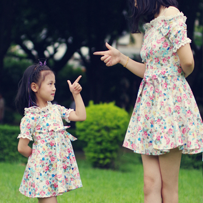 泰国潮牌新款2016印花裙亲子装母女装一字领露肩吊带连衣裙女夏