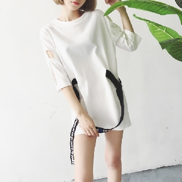 2016新款韩版袖子镂空 字母织带拼接圆领宽松短袖T恤女上衣连衣裙