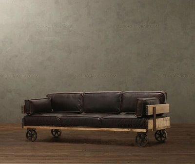 复古简约铁艺实木软垫长椅带轮子工业风沙发椅子