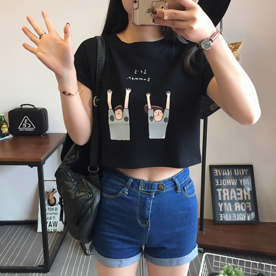 2016韩版夏宽松露脐印花短袖T恤女半袖高腰短款上衣漏肚脐短装潮