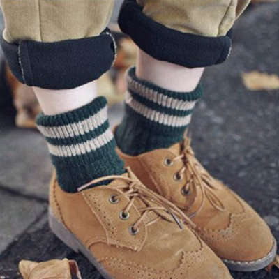 爆款新品秋冬保暖棉袜粗线简约二杠中筒袜纯色翻边时尚女袜堆堆袜