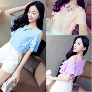 2016夏装新款韩国韩版女装清凉小飞袖露肩袖雪纺衫短装上衣女