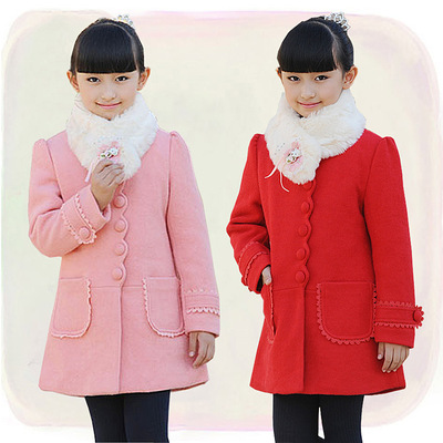 韩版童装冬款 中大女儿童波浪边加棉加厚羊毛呢子大衣外套代发