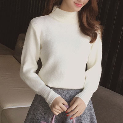 七婵2015冬新款韩版白色加厚半高领短款套头毛衣女装打底衫针织衫