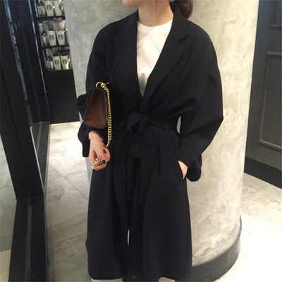 2016新品女装 韩版中长款修身西装领开衫系带慵懒宽松风衣
