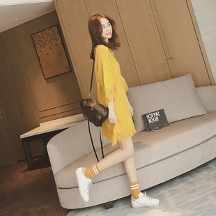 秋季新款韩版女装中长款宽松毛衣裙子纯色流须圆领长袖套头针织衫