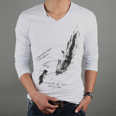 2016秋季新款男士中国风印花V领韩版修身青少年莱卡棉打底长袖T恤