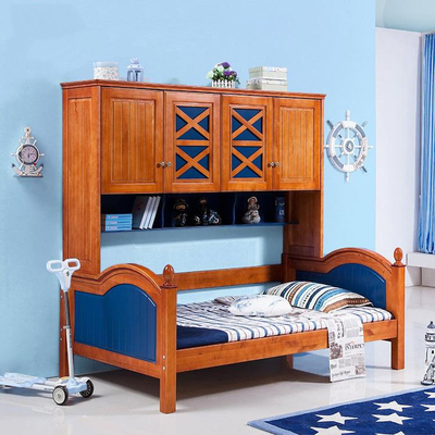 地中海儿童床实木衣柜床 进口芬兰松木子母床带储物柜学生床蓝色