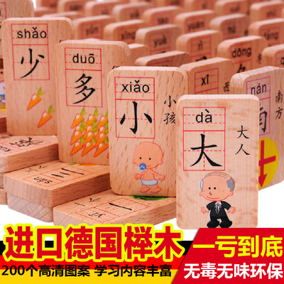 榉木制积木 双面圆角汉字识字多米诺骨牌100片儿童早教益智力玩具