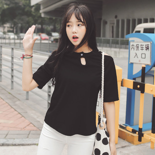 2016夏季短袖新款韩版时尚女装纽扣镂空性感露肩上衣T恤打底衫