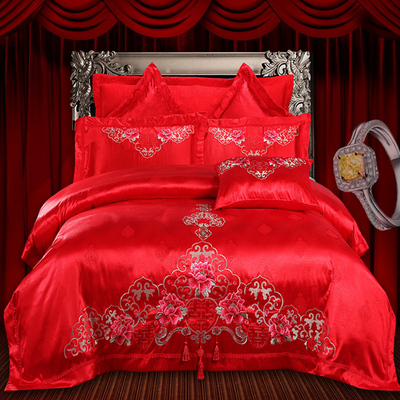 莱美秋 结婚大红色婚庆四件套 中欧式新婚床品六件套多件套 包邮
