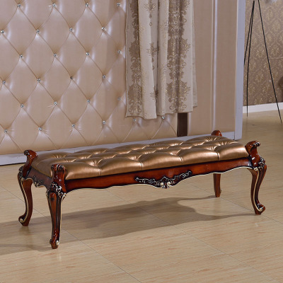 桃花石家具 实木真皮雕花欧式床尾长凳沙发新古典美式现代床前凳