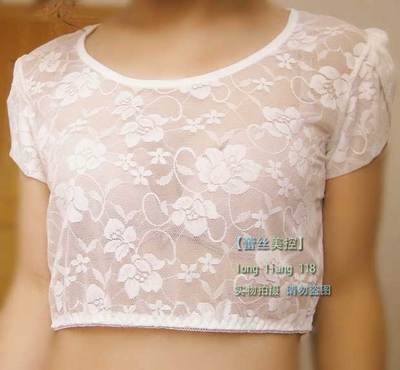 韩国代购新款半截蕾丝网纱打底衫透明花边漏空性感T恤女式半身潮