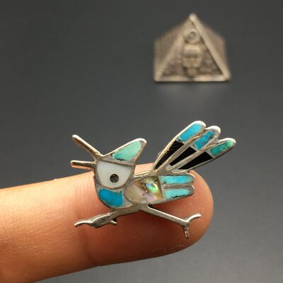 1970s美国Indian印第安Zuni马赛克老杂石走鹃鸟925纯银复古董胸针