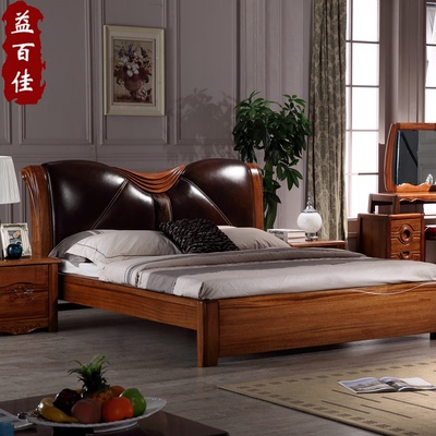 益百佳 金丝木床 金丝檀木床1.8米全实木双人床高端真皮高箱床