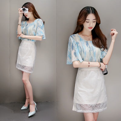 圆领2016年夏新款潮流韩版修身显瘦短袖印花T恤纯色半身裙两件套