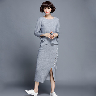 简奢2016秋季新款 欧美高端女针织套装圆领上衣修身包臀长裙