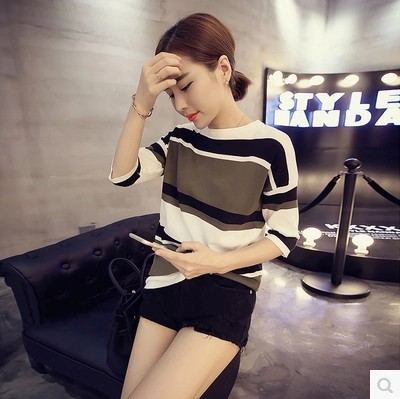 2015夏季新款中长款拼色宽松针织衫女韩版五分袖横条纹长款针织衫