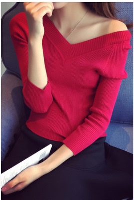 2016秋装韩版前后V领竖纹修身显瘦套头针织衫女