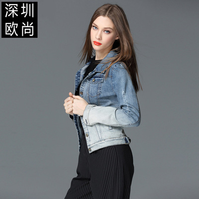 2016秋季女装新款韩版修身夹克牛仔衣女破洞浅蓝色短款牛仔外套潮