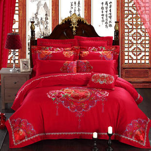 依尚富安娜正品新婚庆全棉结婚十件套大红色床品纯棉床上用品特价