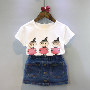 女童韩版童装夏季纯棉卡通短袖t恤牛仔裙中大童套装A字短裙两件套