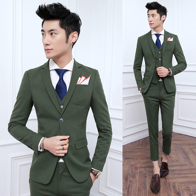 韩版修身商务实习时尚潮人军绿色男士西服套装新郎伴郎西装两件套