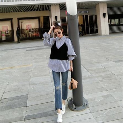 2016秋季新款韩版女装时尚个性条纹长袖立领衬衫+吊带背心套装女