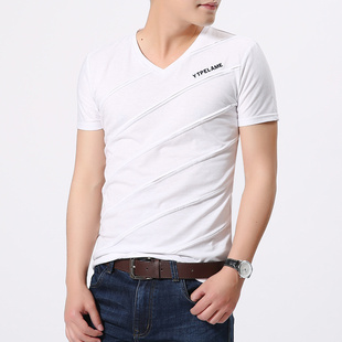 2016夏季常规修身新款白色青年t恤男士休闲时尚潮流条纹纯色短袖