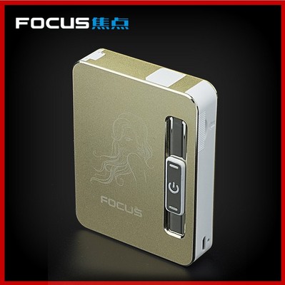 焦点正品自动弹烟烟盒电子点烟器防风金属USB充电打火机10支装