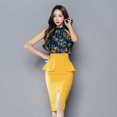 2016夏季新款韩版女装性感露肩印花雪纺衫修身拼接包臀开叉连衣裙
