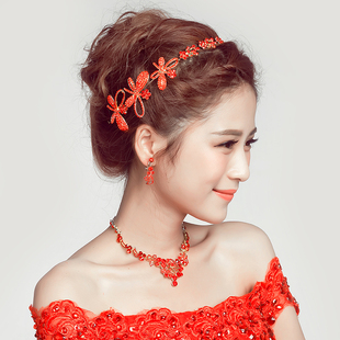 CIVET新娘头饰红色韩式项链耳环三件套装头花配饰婚礼结婚饰品