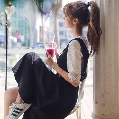 2016夏季韩版修身显瘦学院风学生连衣裙套装女背带裙中长款两件套