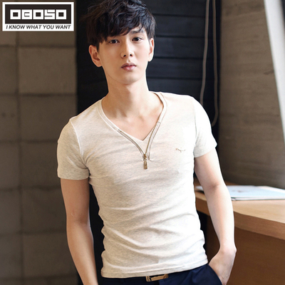OBO夏季韩版男士短袖T恤潮男修身纯色V领t恤青少年拉链体恤潮小衫