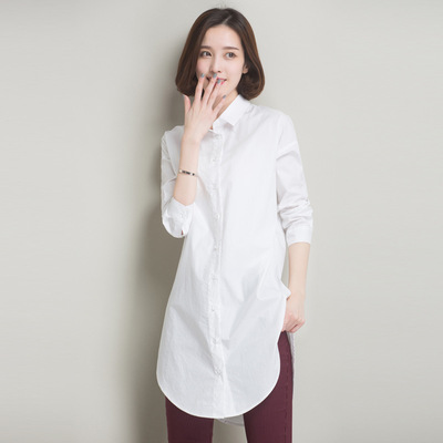 中长款女式卡通白色衬衫 2016春季新品韩版修身显瘦纯棉外套女