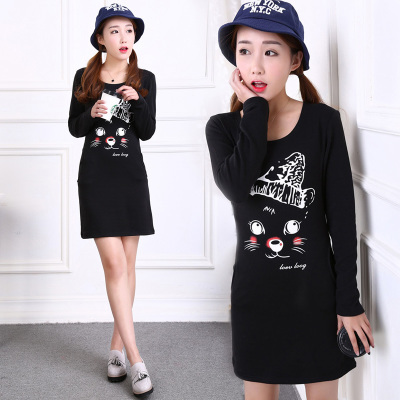 帽子猫 2016新款宽松显瘦韩版中长款长袖打底连衣裙子女学生