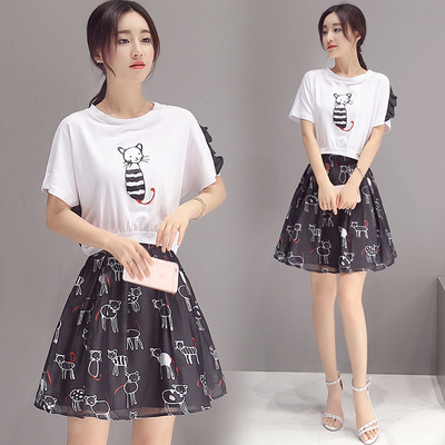2016花色拼接圆领夏装新款韩版两件套裙卡通猫咪印花T恤短裙套装