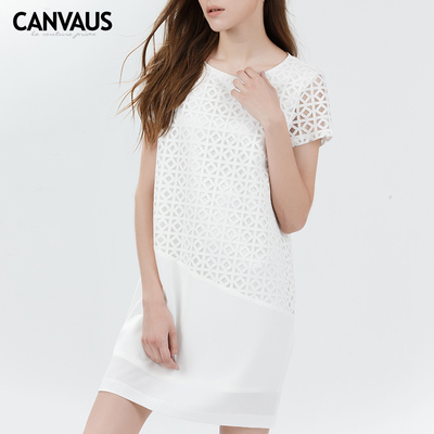 canvaus2015夏季新款白色短袖镂空宽松直筒连衣裙女A字裙CS5249D