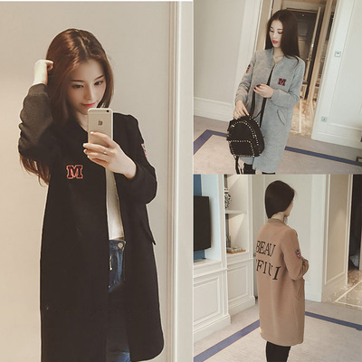 2016新品女装 韩版修身圆领拉链字母中长款显瘦棒球服外套