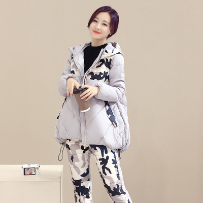 2016冬季新款韩版修身羽绒服迷彩棉衣套装女装两件套棉服棉裤潮
