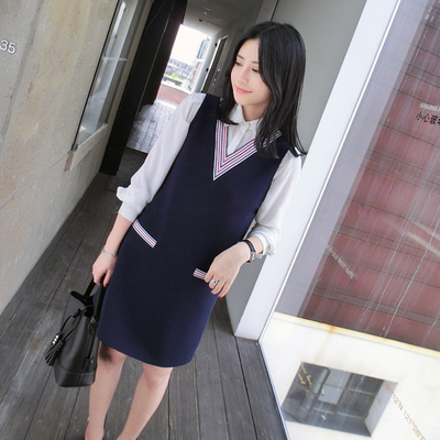 2015两件套学院风连衣裙秋款韩版长袖白衬衫+V领背心裙套装