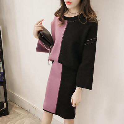 2016秋冬新款女装韩版长袖针织套装连衣裙两件套装高腰包臀一步裙