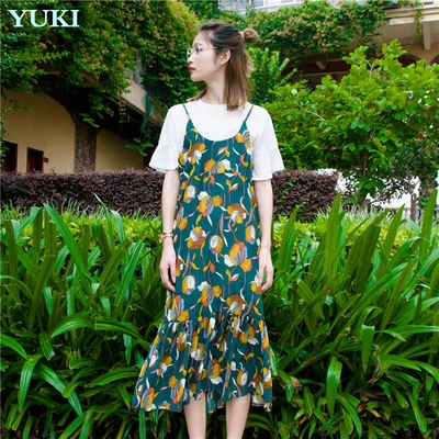 YUKI2016年夏季新款复古显瘦连衣裙中长款时尚打底碎花宽松吊带裙