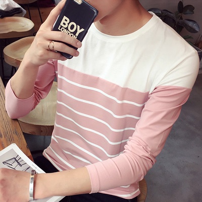 2016秋季新款男士韩版圆领修身长袖T恤青少年时尚条纹拼色打底衣