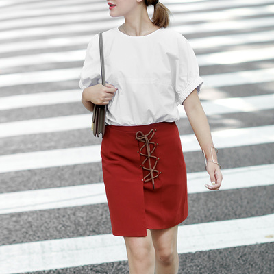 Zzlady2016夏新款欧美复古砖红色绑带短裙半身包臀裙（预售）