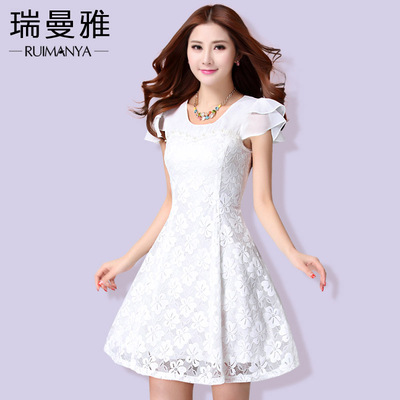 瑞曼雅2015夏季新款韩版蕾丝连衣裙短袖修身显瘦圆领荷叶袖A字裙