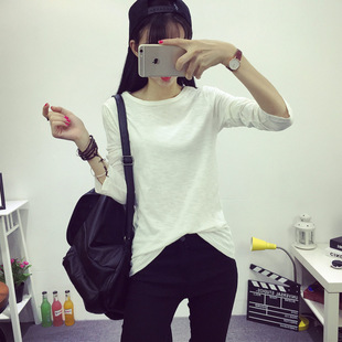 2016黑色纯色春夏新款韩版女装修身长袖女式T恤圆领纯棉打底衫9