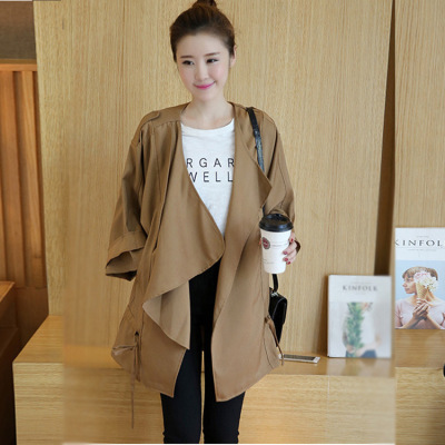 2016大码秋季新款韩版大翻领口袋系带收腰蝙蝠袖中长款风衣外套女