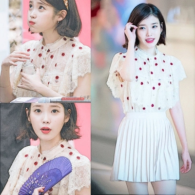 2017夏iu李智恩同款立领波点蕾丝拼接甜美衬衫百褶半身裙两件套装