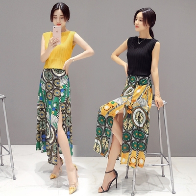 夏装韩版新款无袖两件套上衣时尚印花拼色雪纺连衣裙套装女